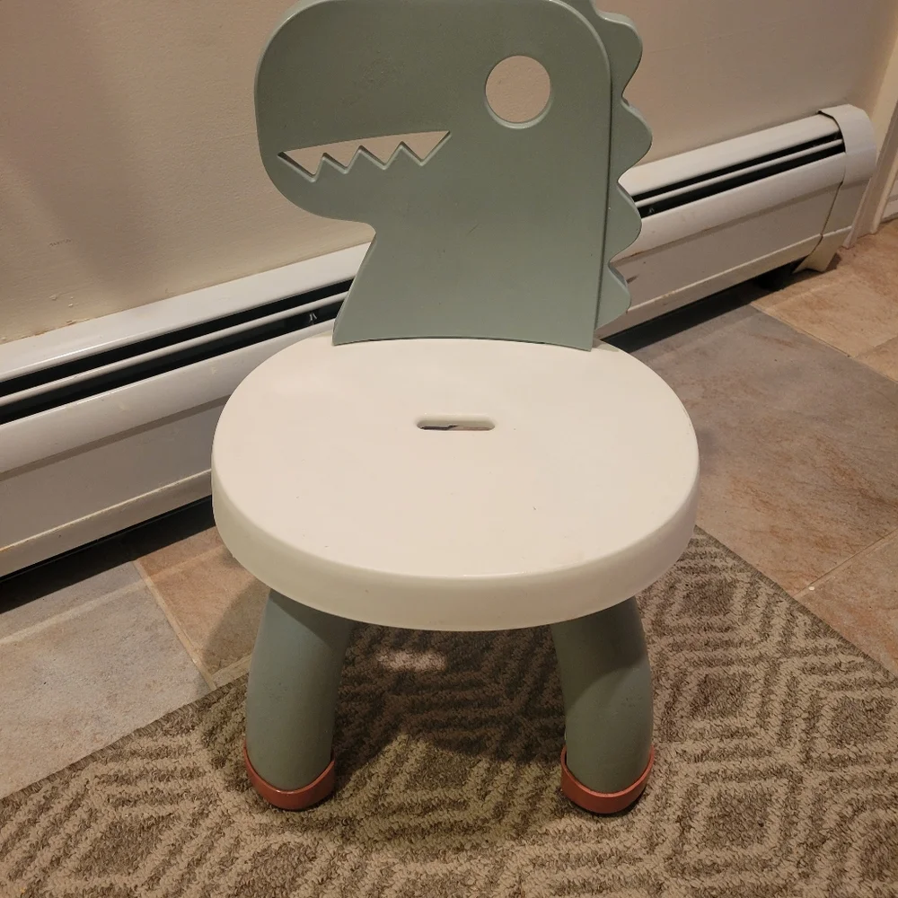 Dinosaur Themed Kids Stool Chair in Green and White Heavy Plastic - Picture 2 of 7